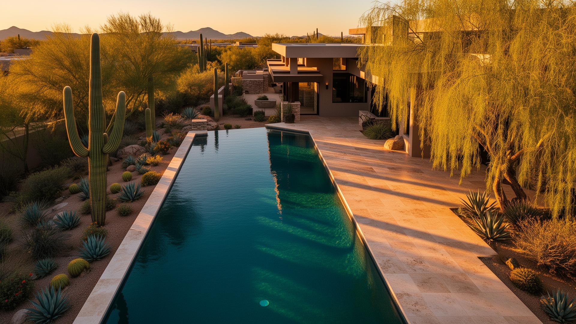 Aerial view of a luxury Scottsdale infinity pool at golden hour with saguaro and desert landscaping